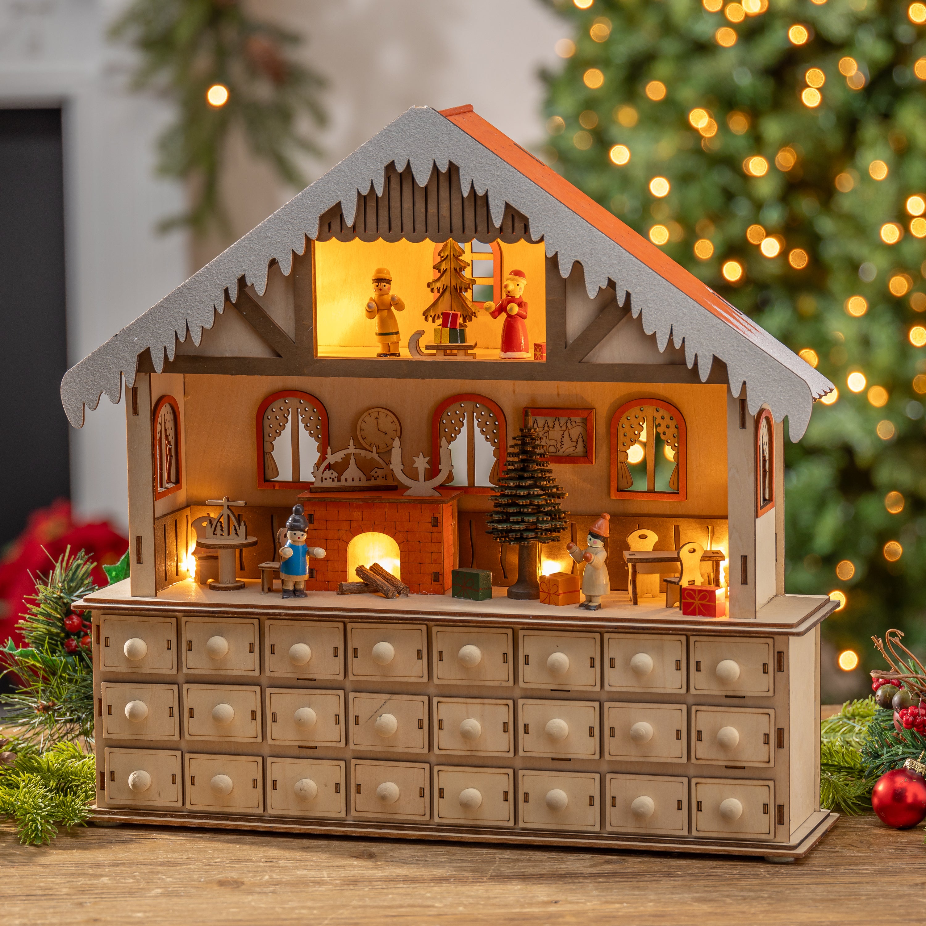 Heirloom 15.75 in L Battery Operated Lighted Laser Cut Wood Holiday Scene and Advent Calendar
